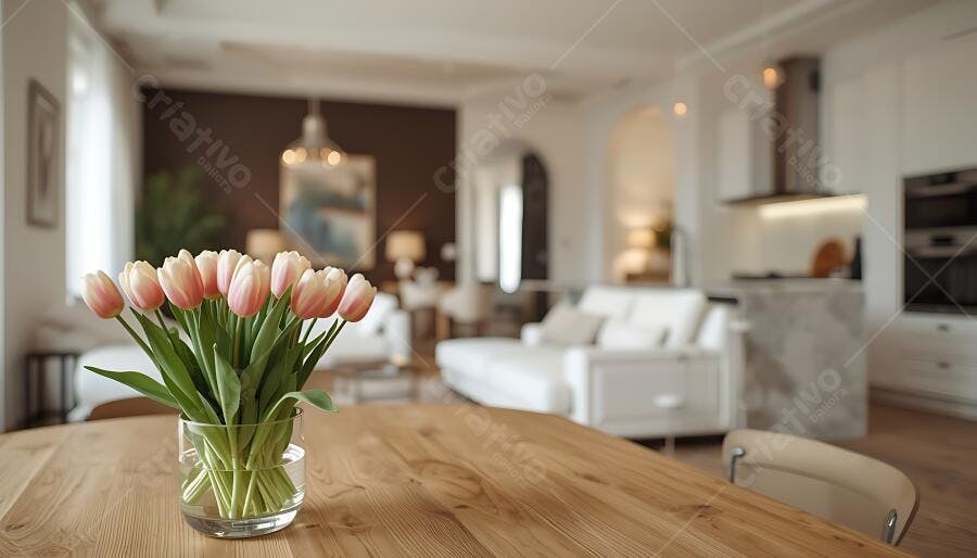 Buquê de tulipas rosa e brancas em mesa de madeira em sala moderna clara