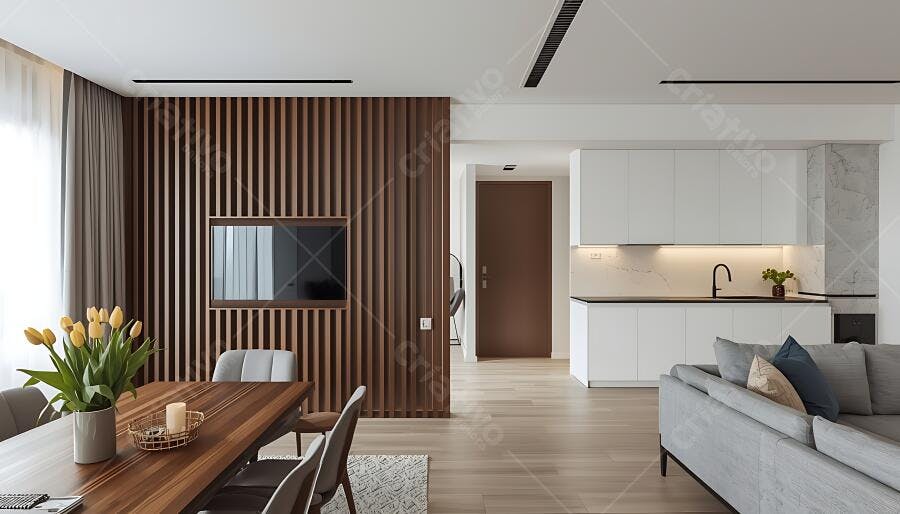 Sala de estar e cozinha integradas design moderno com tons neutros e flores amarelas