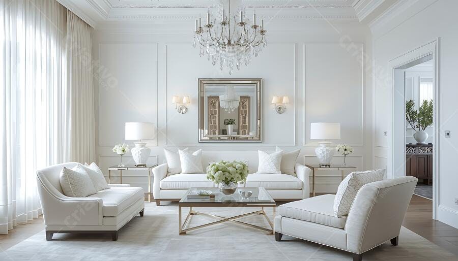 Sala de estar luxuosa branca com lustre de cristal grande