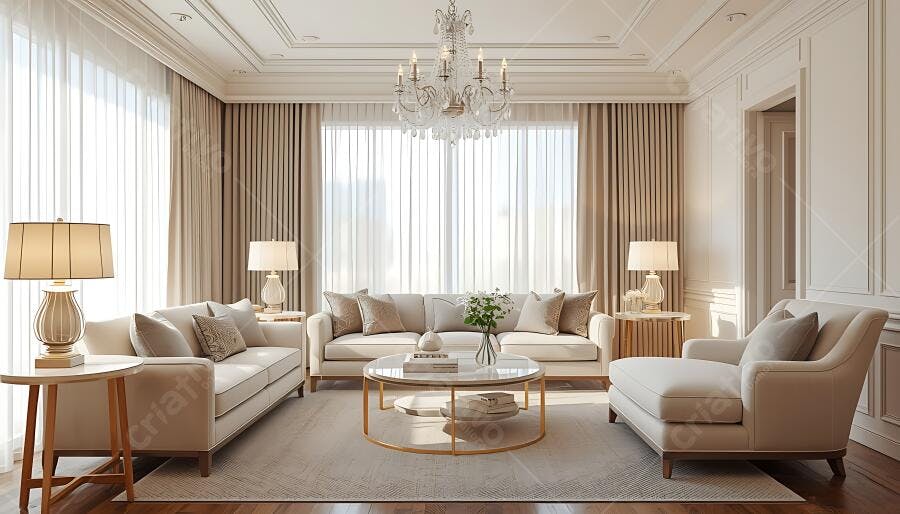 Sala de estar luxuosa em tons neutros com sofás e lustre elegante