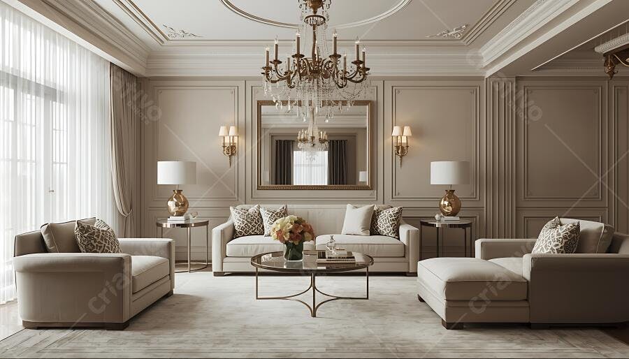 Sala de estar luxuosa com sofá bege e candelabro dourado