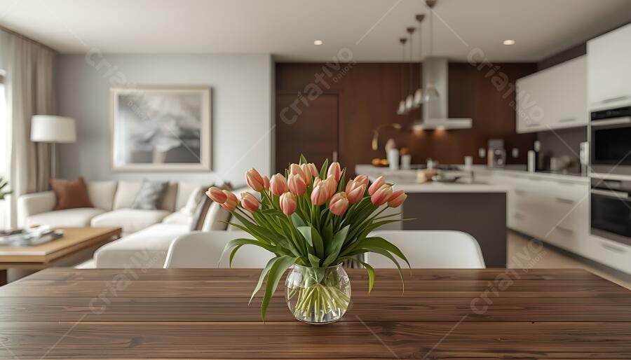 Tulipas rosa claro em vaso sobre mesa de madeira em ambiente moderno