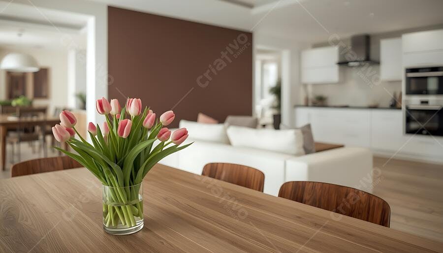 Vaso de tulipas rosa sobre mesa de madeira em sala de estar moderna