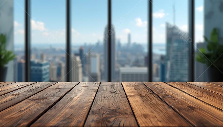 Mesa de madeira rústica vazia com vista para cidade de prédio alto e céu azul