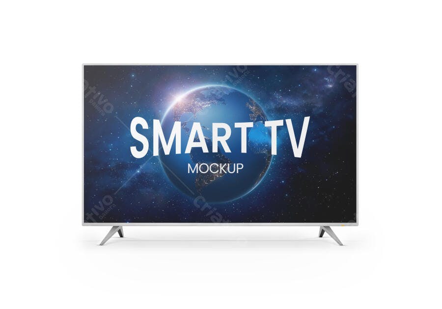 Mockup TV Smart Moderna Tela Plana Cinza com Suporte Metálico em Estúdio