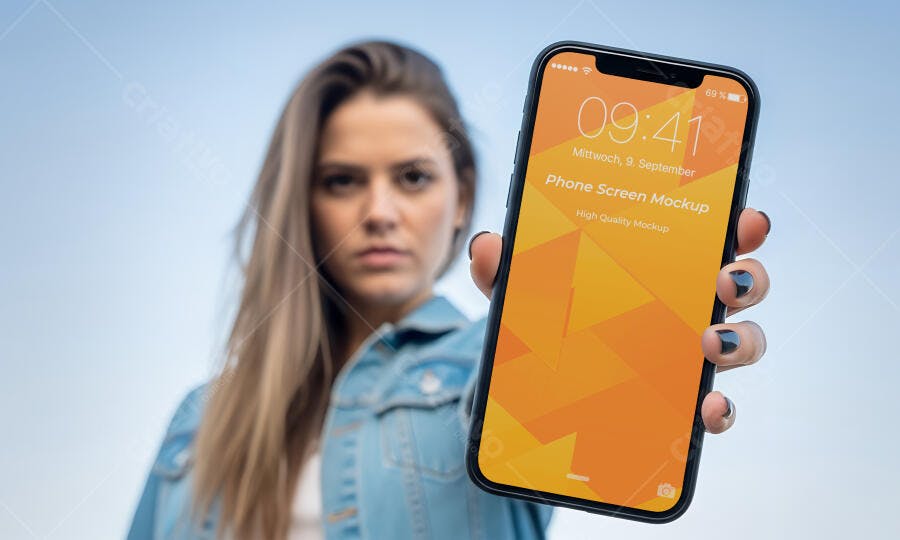 Mockup de Celular Moderno com Tela Laranja Exibido por Mulher em Céu Azul