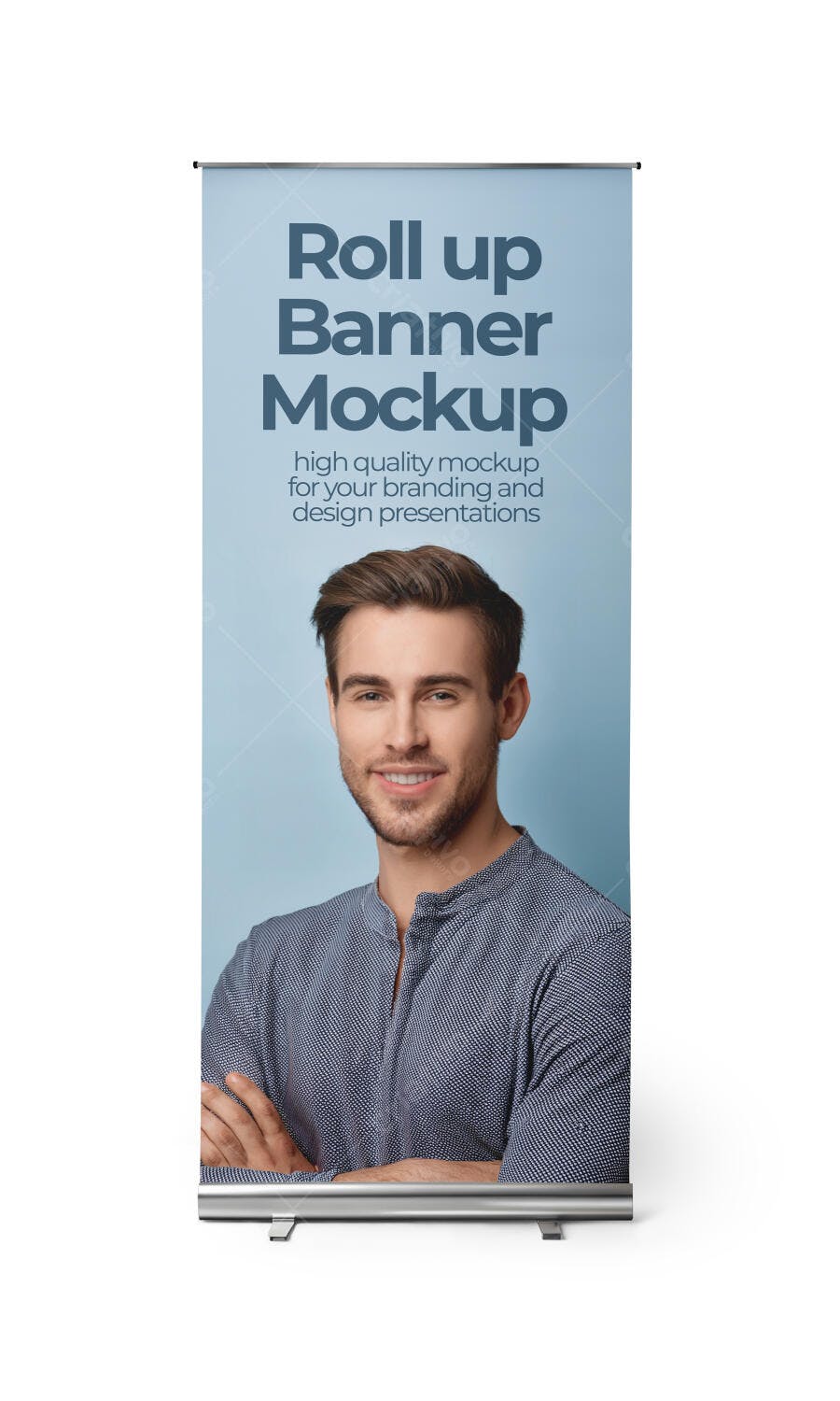 Mockup Roll-up Banner com Homem Jovem Profissional em Fundo Azul Claro Realista