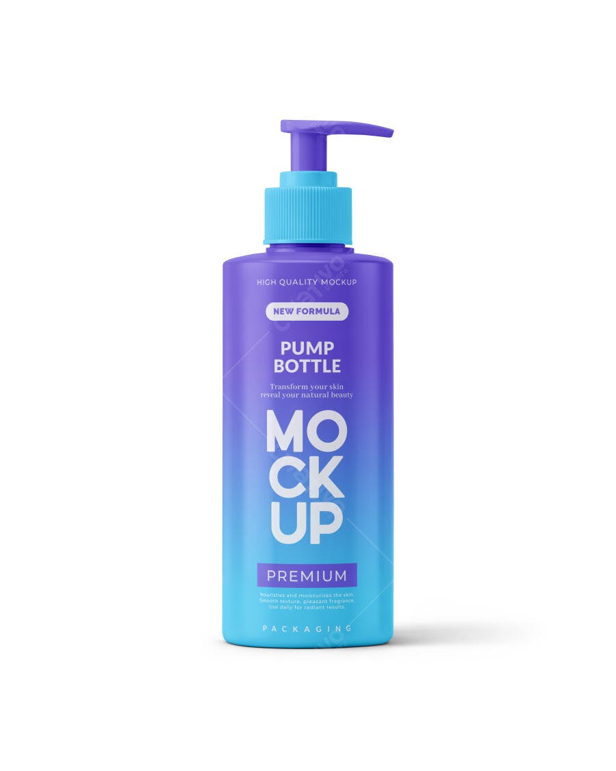 Mockup de Embalagem Realista Frasco Pump Roxo Azul para Cosméticos Loção Creme