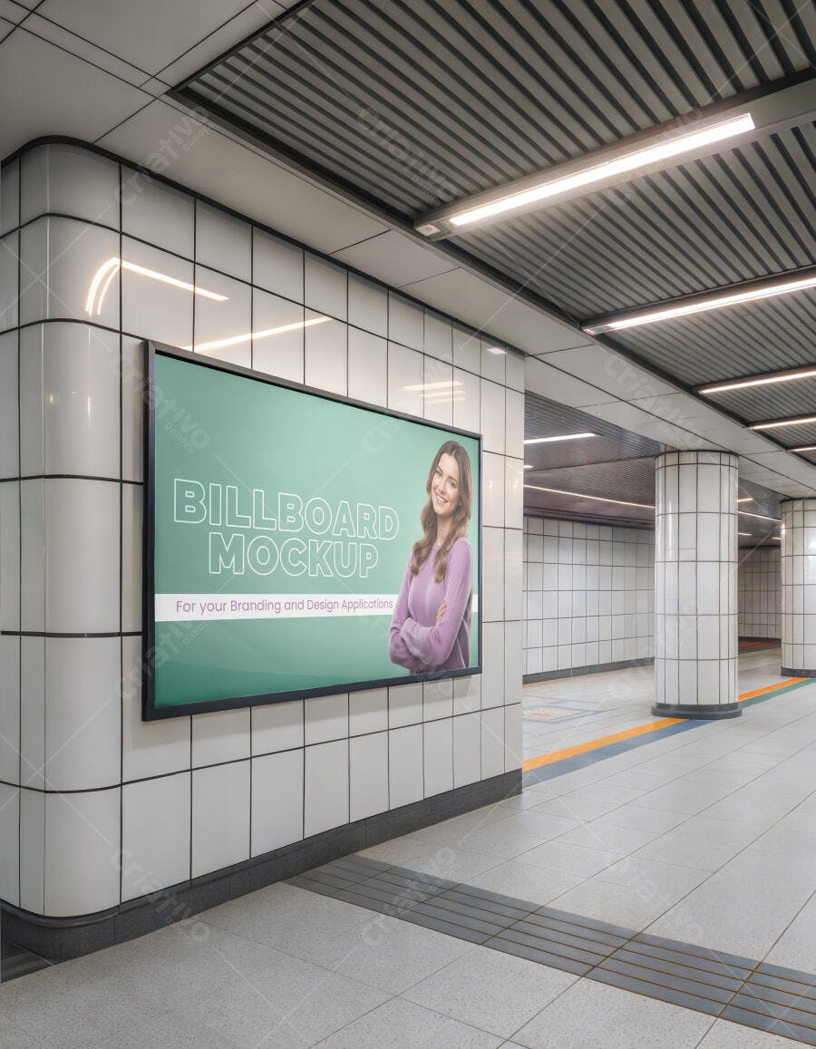 Mockup de Billboard Horizontal em Estação de Metrô com Azulejos Brancos