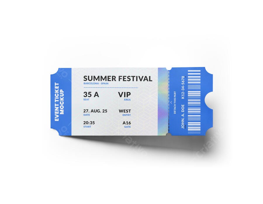 Mockup de Ingresso para Festival de Verão Azul Moderno e Realista