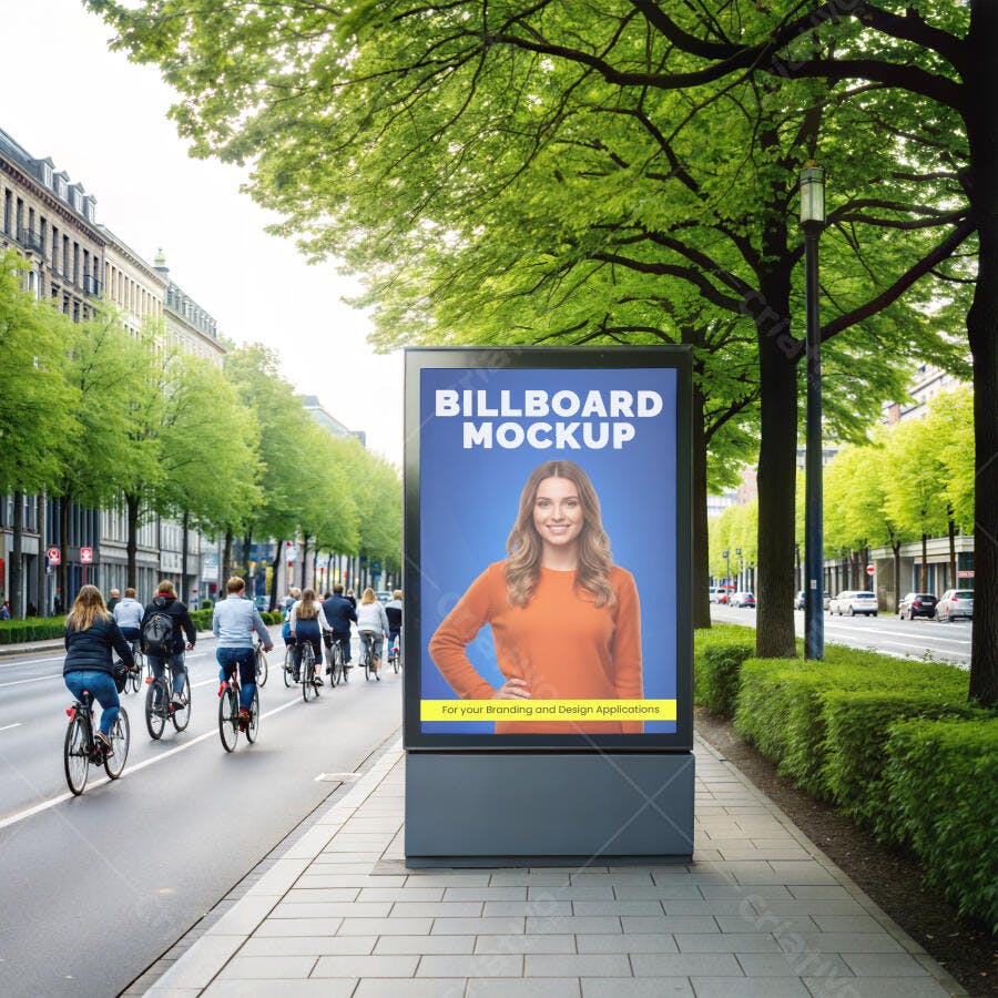 Mockup de Outdoor Digital Urbano com Mulher Sorrindo em Rua Arborizada