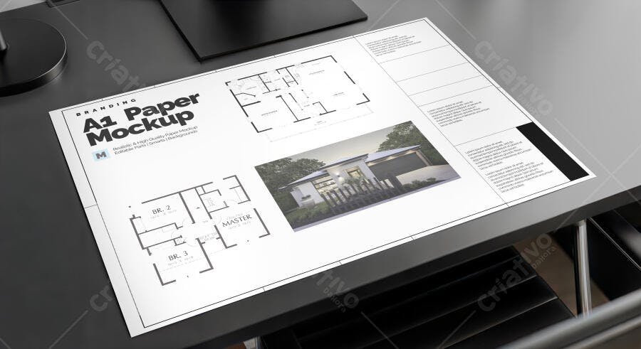 Mockup Realista de Planta Baixa A1 e Projeto Arquitetônico em Mesa Profissional