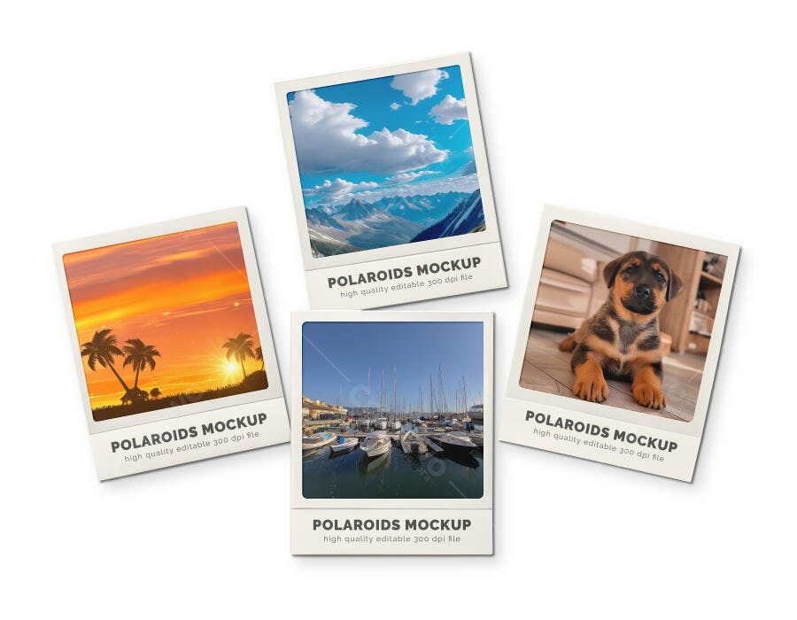 Mockup de Quatro Fotos Instantâneas Polaroid Realista para Portfólio Digital