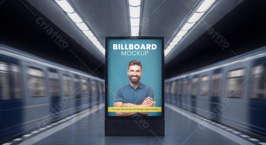 Mockup Painel Digital Metrô Urbano com Homem Sorrindo - Publicidade Realista