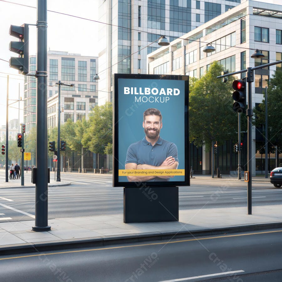 Mockup Billboard Digital Urbano com Homem Profissional Sorrindo em Cena de Rua Moderna