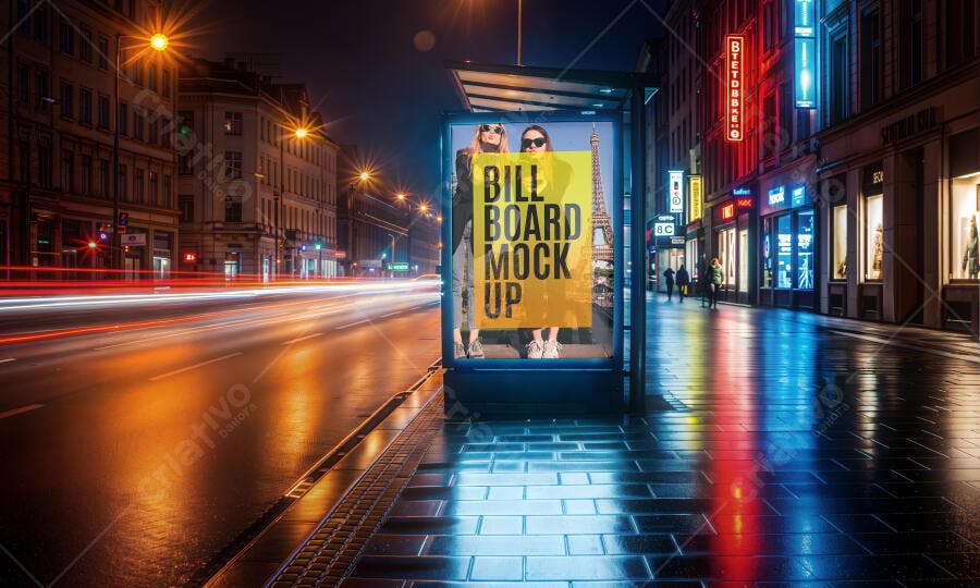 Mockup Painel Publicitário Urbano Noturno em Abrigo de Ônibus Realista