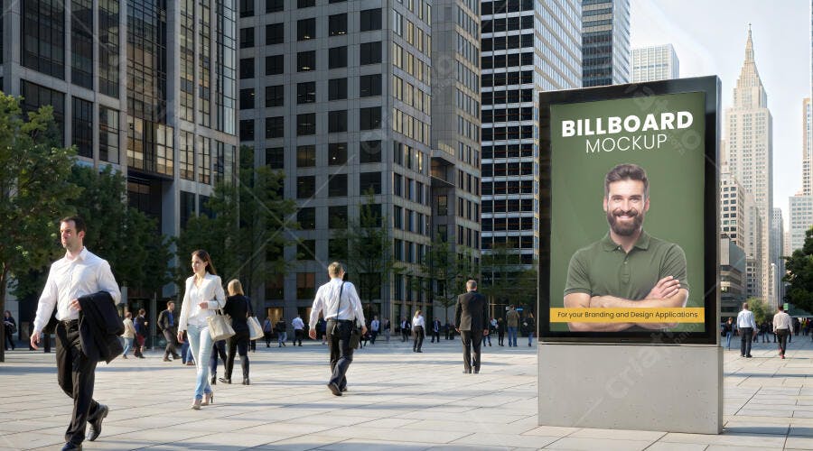 Mockup Realista de Outdoor Digital Urbano com Homem Barbudo e Profissionais na Praça
