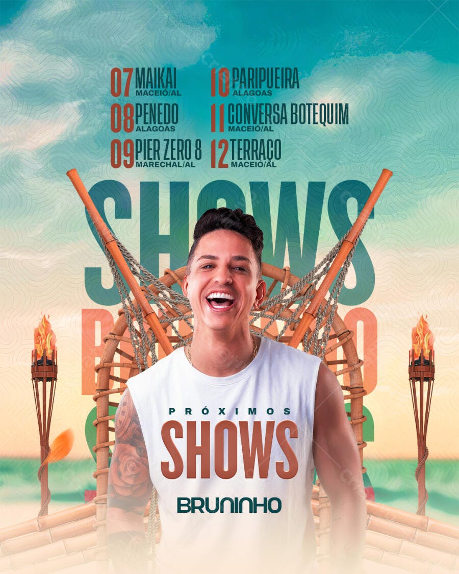 Flyer Próximos Shows Bruninho Praia Tropical Cadeira Bambu PSD Editável