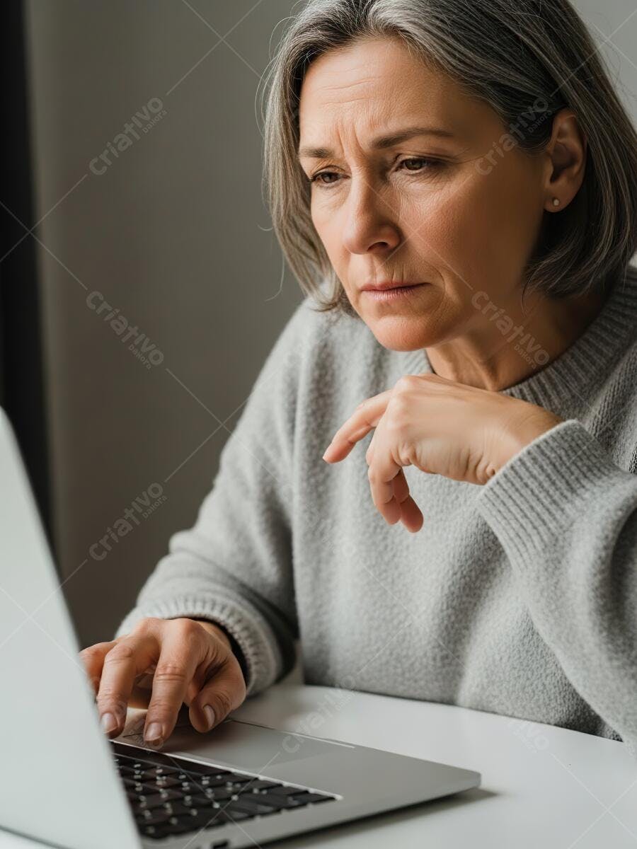 Mulher sênior grisalha focada no laptop trabalhando ou estudando