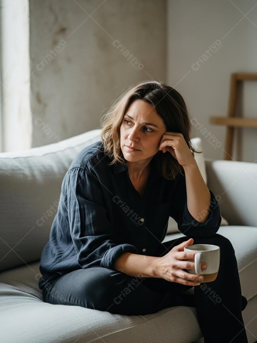 Mulher caucasiana pensativa no sofá cinza segurando caneca em casa