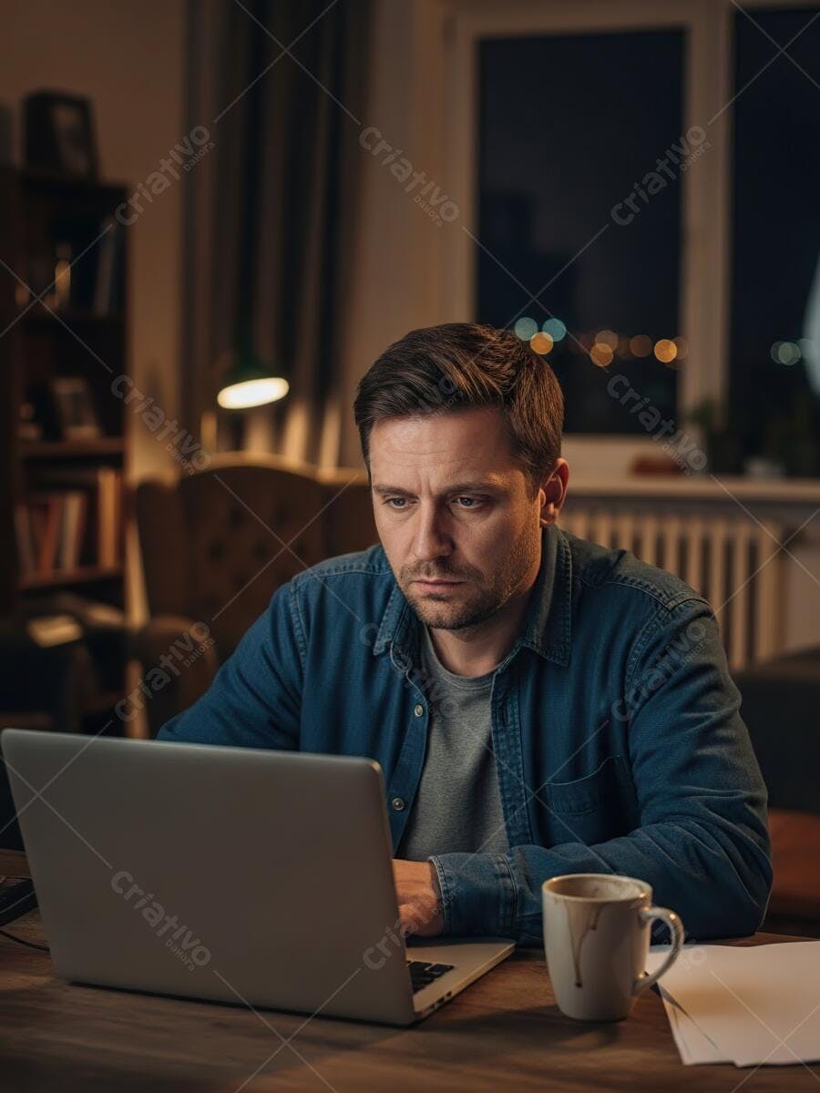 Homem branco concentrado trabalhando no laptop em casa à noite