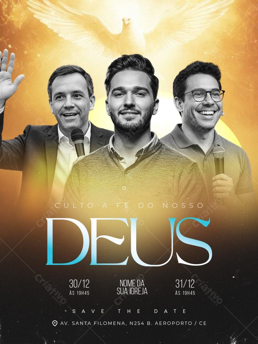 Flyer Culto à Fé do Nosso Deus PSD Editável