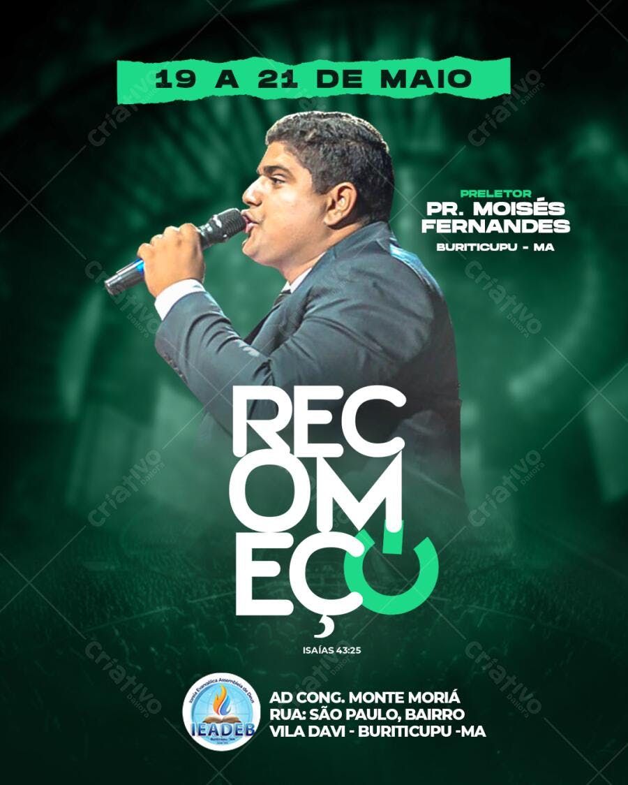 Flyer para Evento de Recomeço Cristão com Pr. Moisés Fernandes PSD Editável