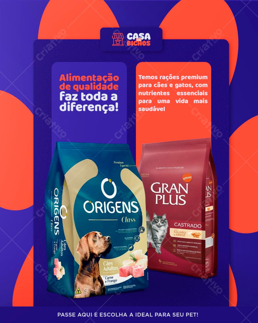 Flyer Ração Origens Class Cães e Gran Plus Gatos Pet Shop PSD Editável