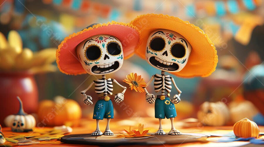 Calaveras esqueletos coloridos com sombreros e flor para Dia dos Mortos