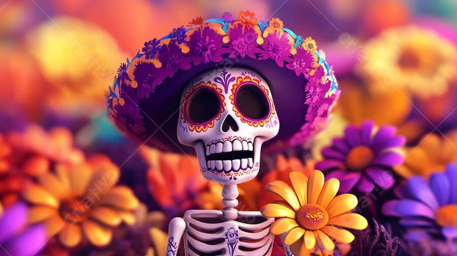 Caveira mexicana com sombrero florido vibrante Dia de los Muertos