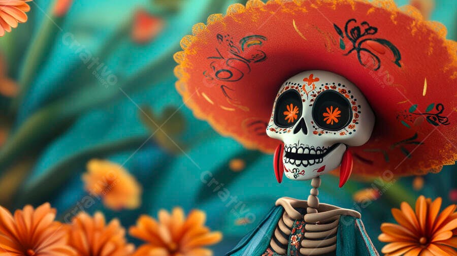 Calavera Catrina decorada com sombrero flores vibrantes Dia dos Mortos