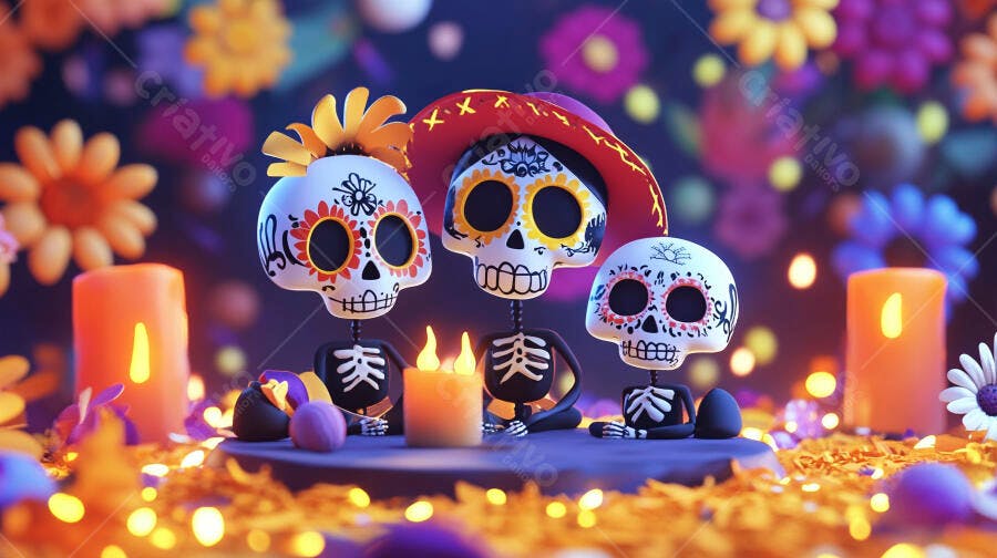 Caveiras mexicanas coloridas com velas e flores para Dia dos Mortos