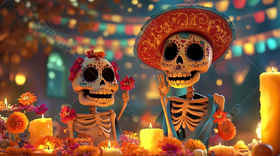 Esqueletos coloridos com sombrero e flores festejando Dia de los Muertos alegres
