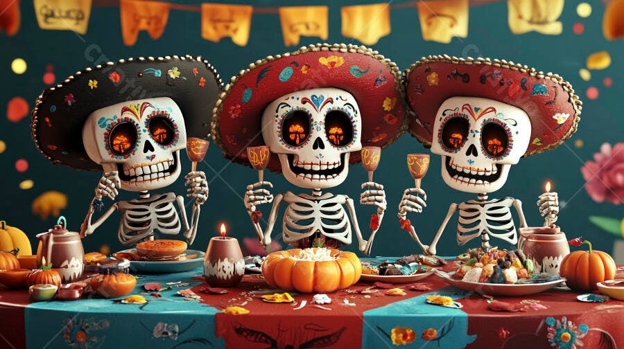 Três esqueletos calaveras mexicanos com sombreros coloridos em festa do Dia dos Mortos