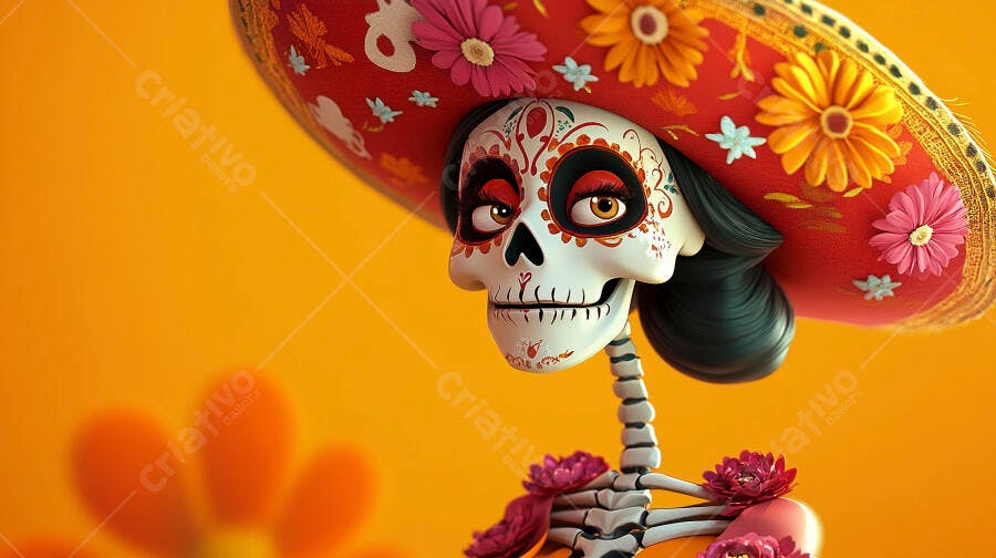 Catrina esqueleto com chapéu floral vibrante e maquiagem Dia de Muertos fundo laranja