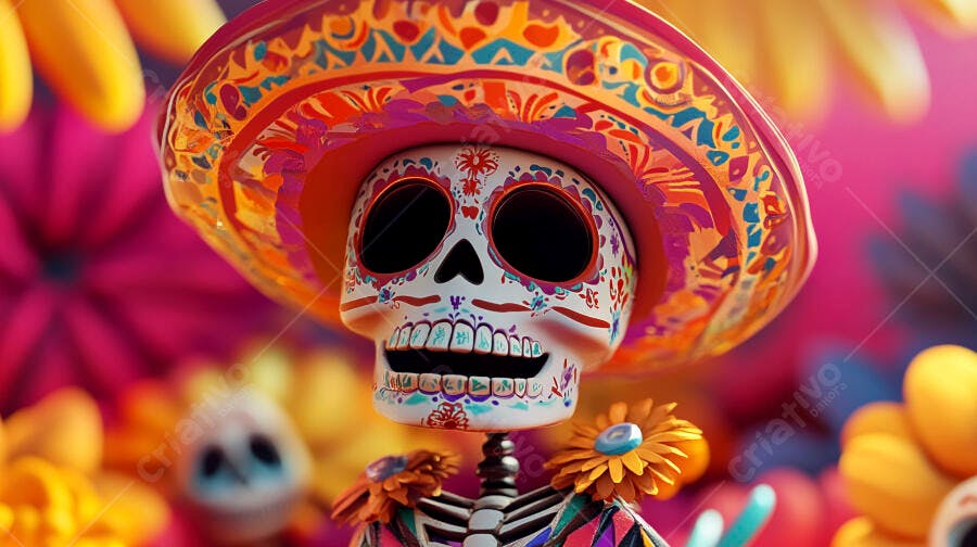Calavera mexicana colorida com sombrero e flores para Dia de Muertos