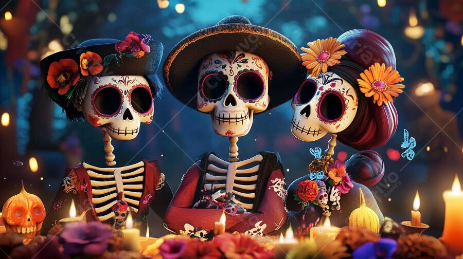 Três calaveras mexicanas celebrando o Dia dos Mortos com velas e flores