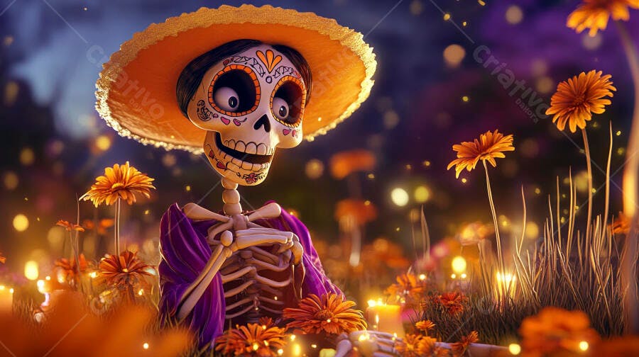Calavera Catrina alegre com sombrero em campo de flores laranjas e luzes Dia dos Mortos