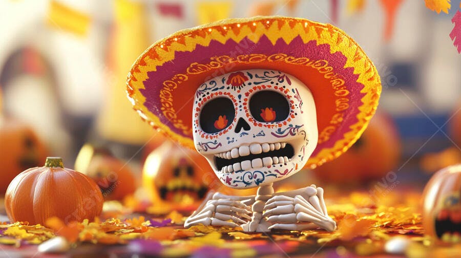 Esqueleto sorridente com chapéu mexicano e abóboras Dia de Muertos