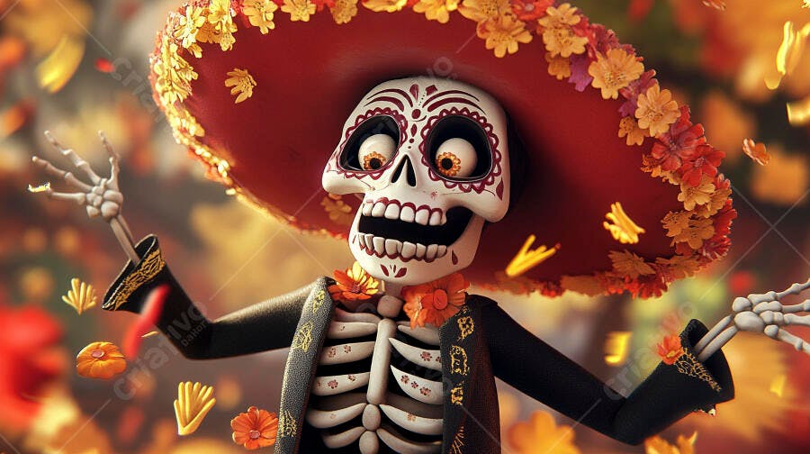 Esqueleto feliz com sombrero vermelho celebrando Dia de Muertos com flores vibrantes