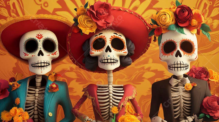 Calaveras mexicanas com trajes vibrantes e flores Dia dos Mortos