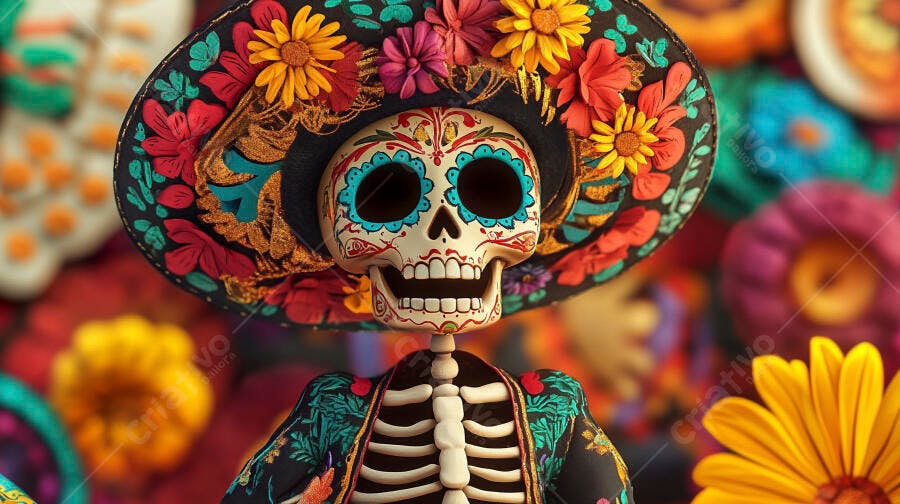 Esqueleto mexicano Catrina com sombrero florido colorido Dia dos Mortos