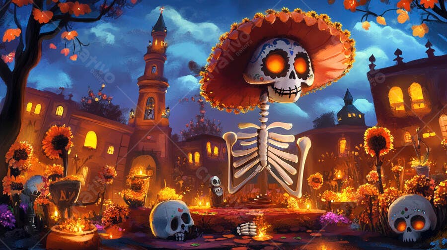 Esqueleto Catrina com sombrero em celebração noturna do Dia dos Mortos em vila mexicana
