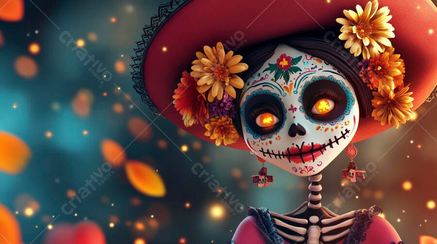 Calavera Catrina festiva com chapéu vermelho e flores laranja celebrando Dia de Muertos