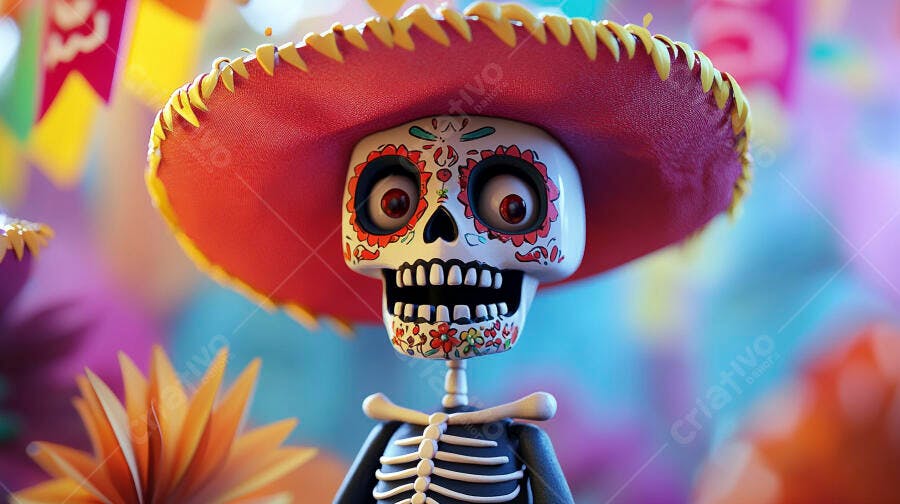 Calavera esqueleto decorado com sombrero vermelho em festa mexicana colorida Dia dos Mortos