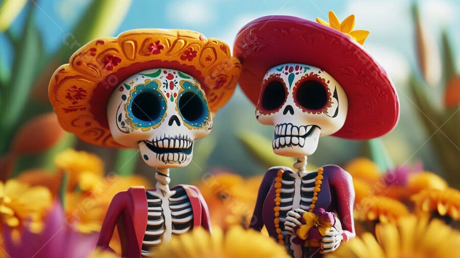 Calaveras mexicanas coloridas com chapéus em campo de flores Dia dos Mortos
