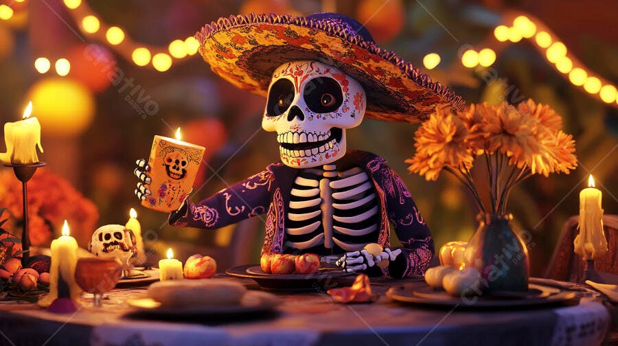 Esqueleto Catrina em mesa decorada para o Dia de los Muertos com velas