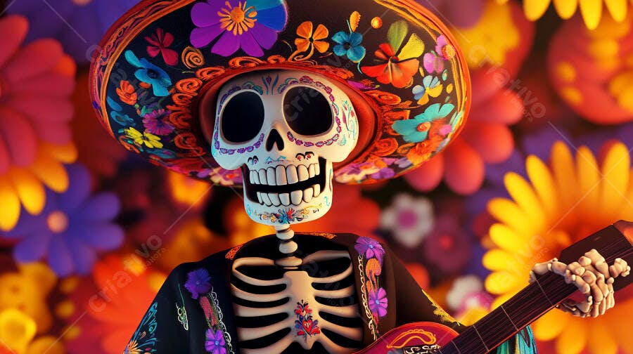 Esqueleto mariachi com sombrero colorido e flores vibrantes celebração Dia dos Mortos