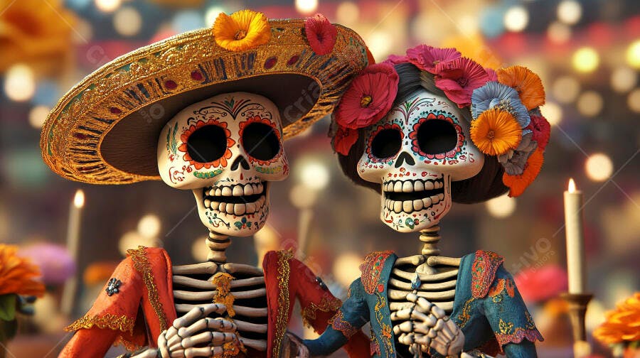 Casal de calaveras mexicanas decoradas para Dia de los Muertos festa noturna