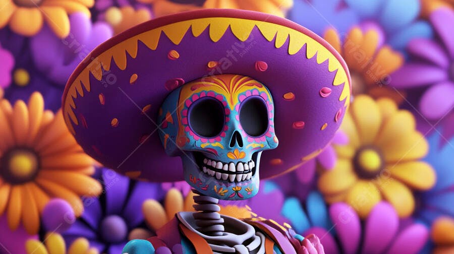 Caveira Mexicana colorida com sombrero roxo e flores vibrantes Dia dos Mortos